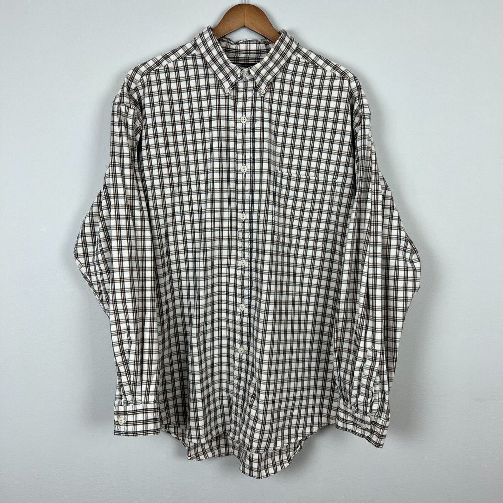 Abercrombie & Fitch Shirt Mens Large Ivory Navy‎ Yellow Plaid Cotton Long Sleeve